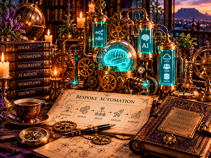 Steampunk automation workshop with connected AI, workflow and integration machinery overlooking Cape Town.