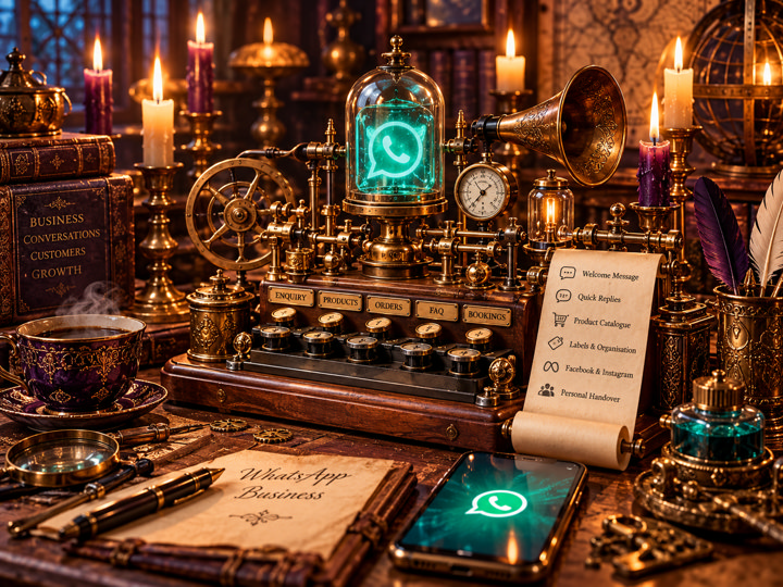 Ornate workshop scene representing a WhatsApp Business setup and customer conversations.