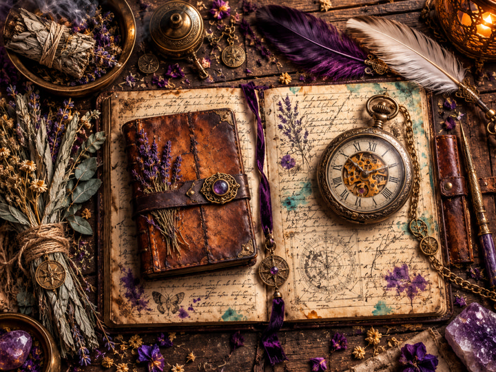Open illustrated journal with a pocket watch, feathers and botanical notes representing Semantic Scribe.